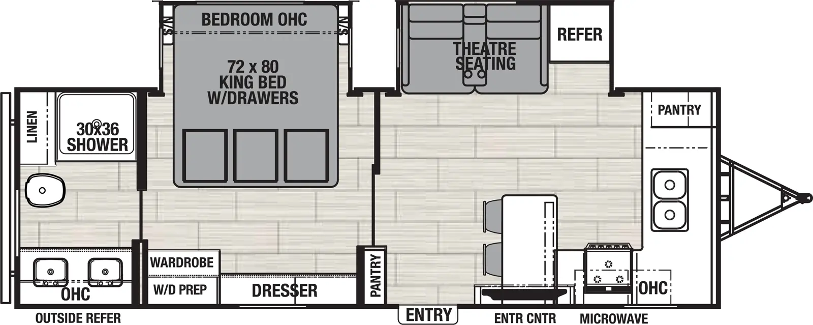 The 2565FK has 2 slide outs on the off-door side and 1 entry door. Exterior features include an outside refrigerator. Interior layout from front to back includes: front kitchen with L-shaped countertop and stools, front corner pantry, double basin sink, overhead cabinet, overhead microwave and entertainment center; off-door side slide out holding theater seating and refrigerator; pantry near entry door; bedroom with off-door slide out holding a 72 x 80 King bed with drawers, wardrobe with washer/dryer prep, and dresser; and rear bathroom with 30 x 36 shower, linen storage, toilet, and double vanity with overhead cabinet.